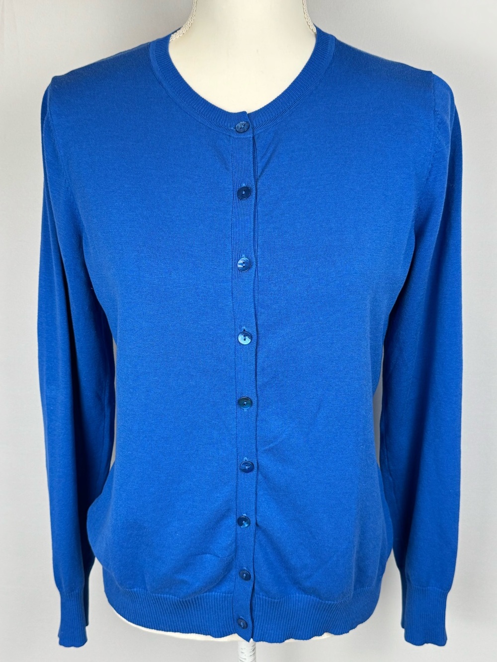 August Silk Royal Blue Button Front Crewneck Cardigan Lightweight Silk Blend Lrg